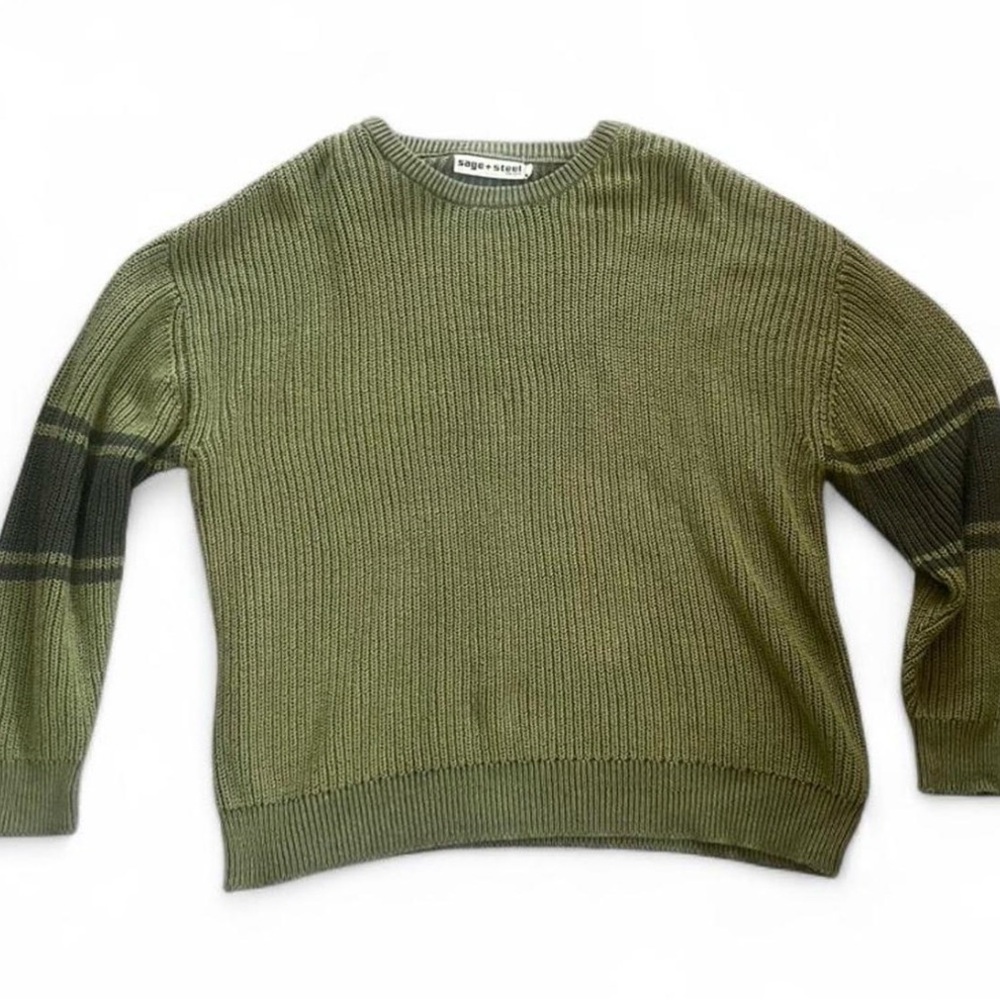 Sage + Steel Olive Green with Grey Stripes Ribbed Crewneck Sweater Size XL